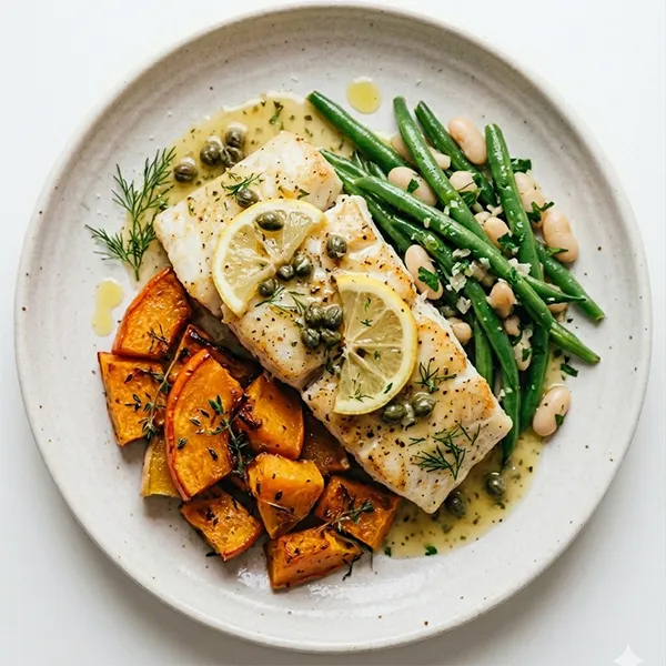Fish Piccata With Roasted Pumpkin And Beans